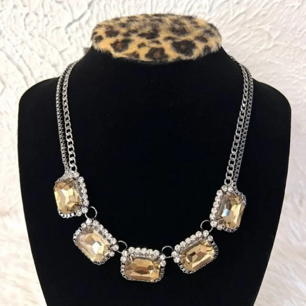 FAUX CITRINE RHINESTONE GLASS SILVER TONE CHOKER DOUBLE CHAIN NECKLACE 16.5